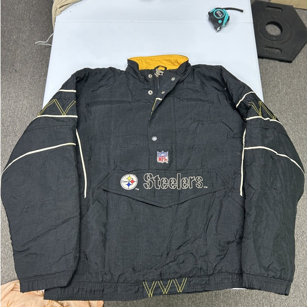 Starter Jacket Pullover Mens XL Black Steelers NFL Pro Line Vintage Puffer Pouch
